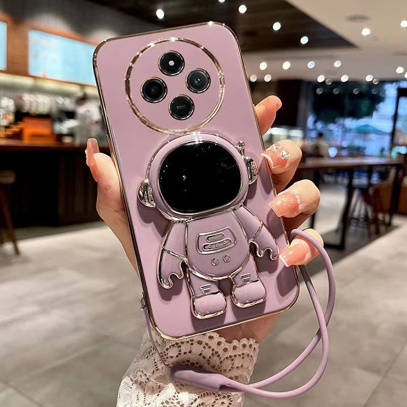 Phone Case for Xiaomi Redmi 14C 6.88" Case Silicone TPU Plating Cover Cute Astronaut Pattern Phone Case with Stand