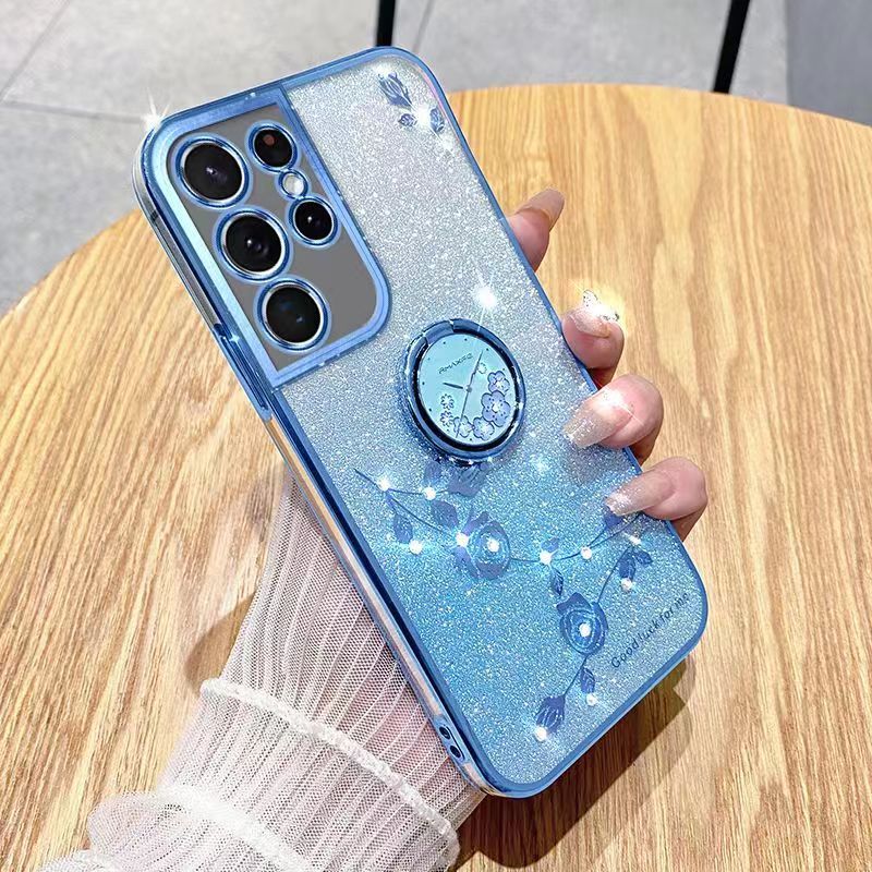 For Samsung Galaxy S21 Ultra 6.8" Phone Case Flash Women's and Girls Pink Flower Transparent Shock Protection Luxury Diamond Shining Phone Case Soft TPU