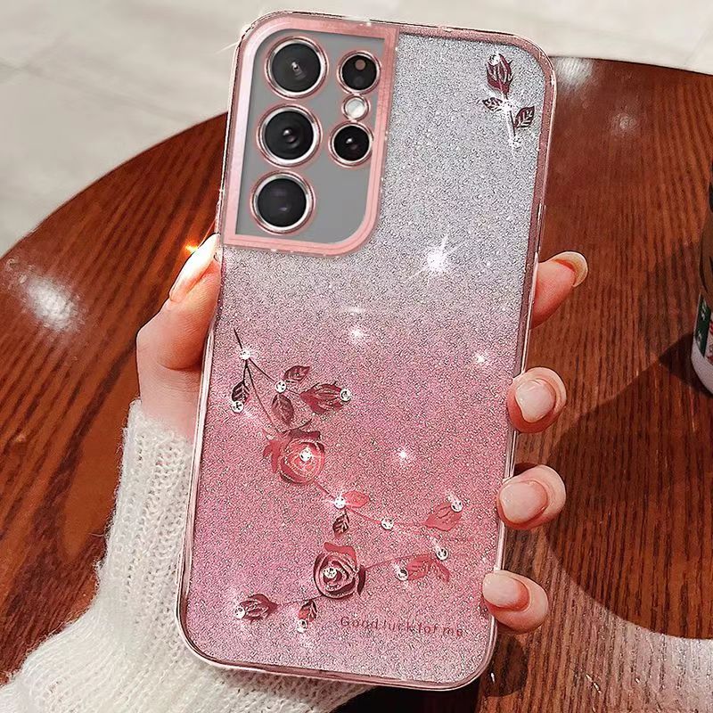 For Samsung Galaxy S21 Ultra 6.8" Phone Case Flash Women's and Girls Pink Flower Transparent Shock Protection Luxury Diamond Shining Phone Case Soft TPU