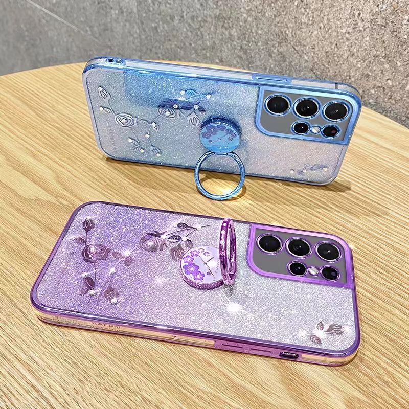 For Samsung Galaxy S21 Ultra 6.8" Phone Case Flash Women's and Girls Pink Flower Transparent Shock Protection Luxury Diamond Shining Phone Case Soft TPU
