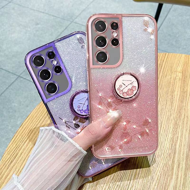 For Samsung Galaxy S21 Ultra 6.8" Phone Case Flash Women's and Girls Pink Flower Transparent Shock Protection Luxury Diamond Shining Phone Case Soft TPU