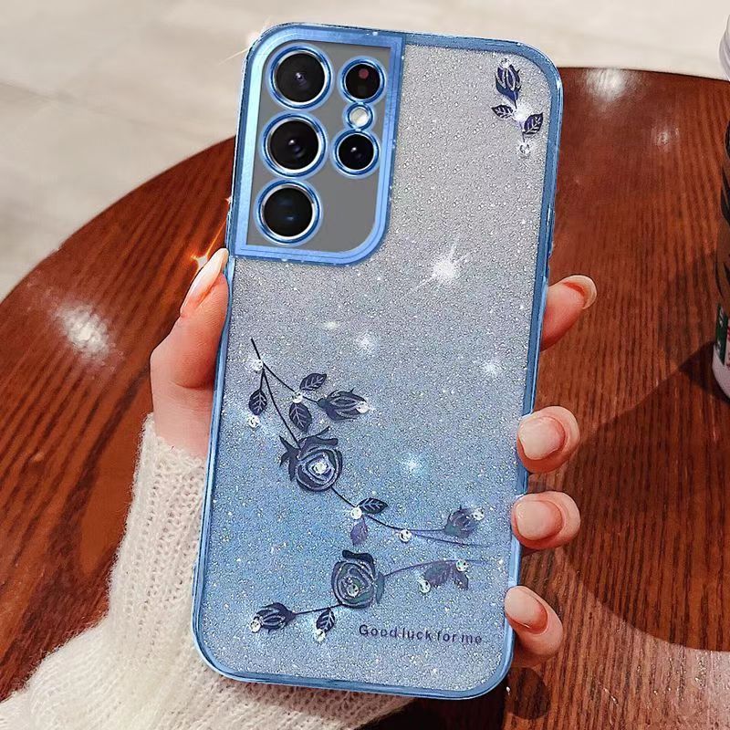 For Samsung Galaxy S21 Ultra 6.8" Phone Case Flash Women's and Girls Pink Flower Transparent Shock Protection Luxury Diamond Shining Phone Case Soft TPU