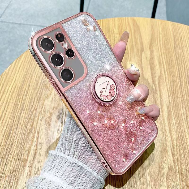 For Samsung Galaxy S21 Ultra 6.8" Phone Case Flash Women's and Girls Pink Flower Transparent Shock Protection Luxury Diamond Shining Phone Case Soft TPU