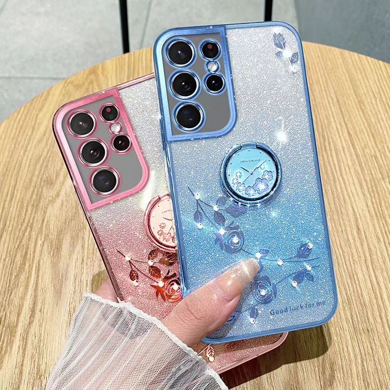 For Samsung Galaxy S21 Ultra 6.8" Phone Case Flash Women's and Girls Pink Flower Transparent Shock Protection Luxury Diamond Shining Phone Case Soft TPU