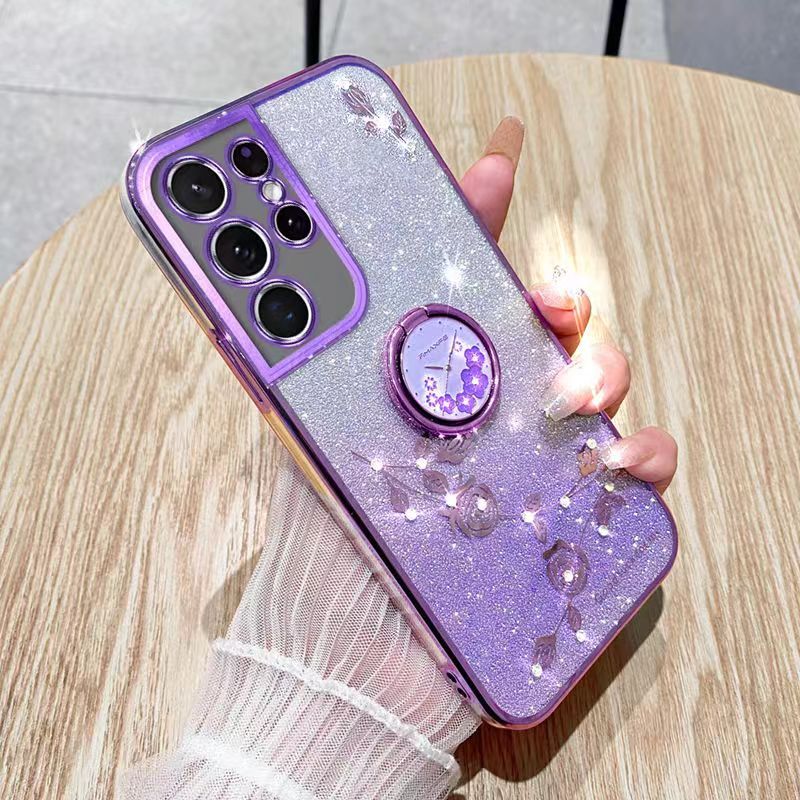 For Samsung Galaxy S21 Ultra 6.8" Phone Case Flash Women's and Girls Pink Flower Transparent Shock Protection Luxury Diamond Shining Phone Case Soft TPU
