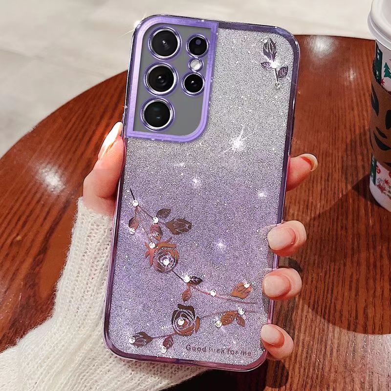 For Samsung Galaxy S21 Ultra 6.8" Phone Case Flash Women's and Girls Pink Flower Transparent Shock Protection Luxury Diamond Shining Phone Case Soft TPU