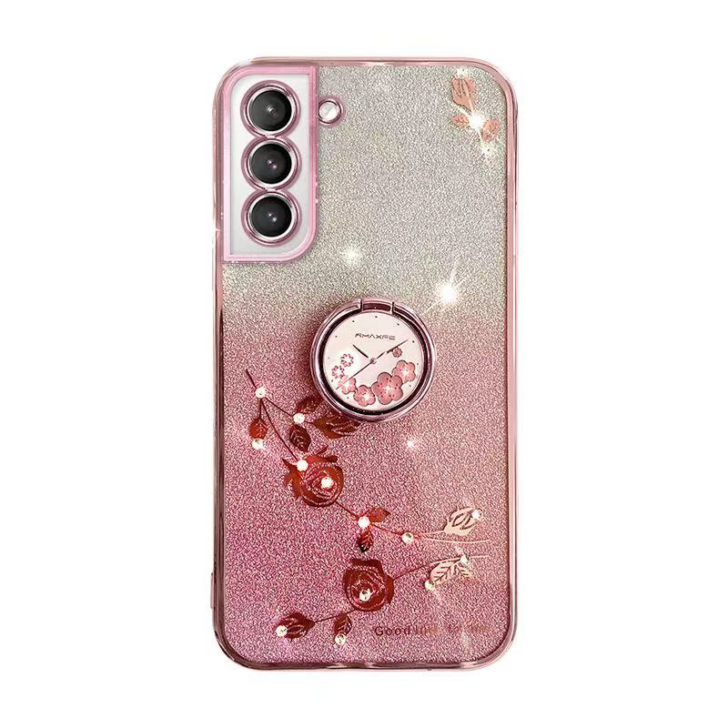For Samsung Galaxy S21 Ultra 6.8" Phone Case Flash Women's and Girls Pink Flower Transparent Shock Protection Luxury Diamond Shining Phone Case Soft TPU