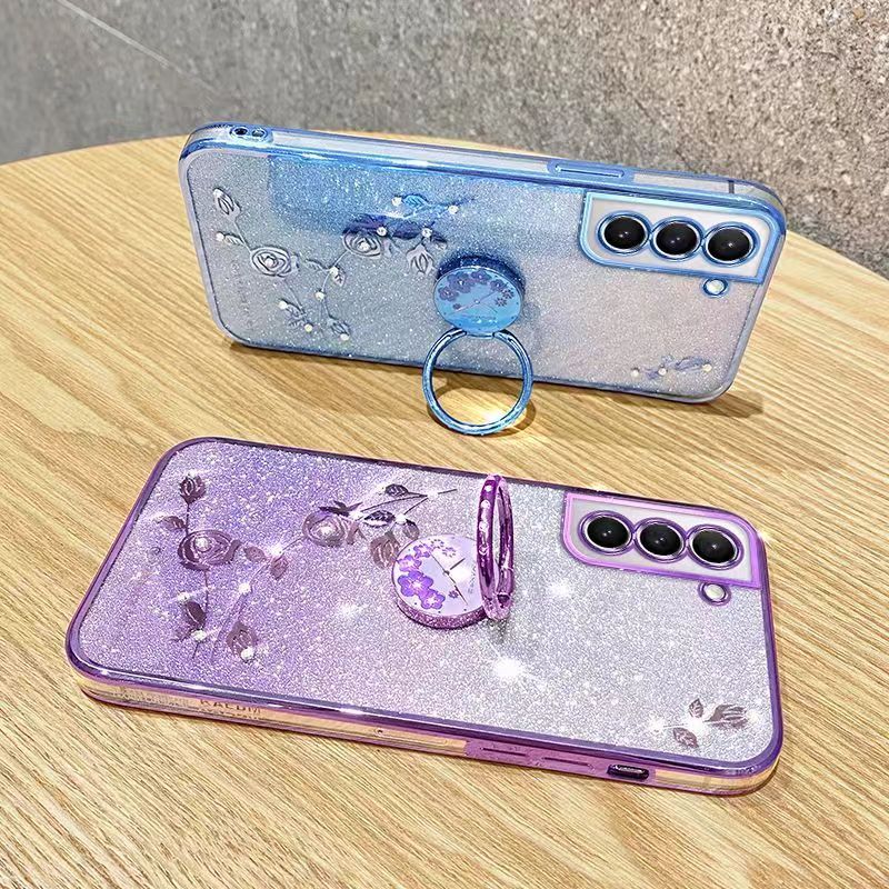 For Samsung Galaxy S21 6.2" Phone Case Flash Women's and Girls Pink Flower Transparent Shock Protection Luxury Diamond Shining Phone Case Soft TPU