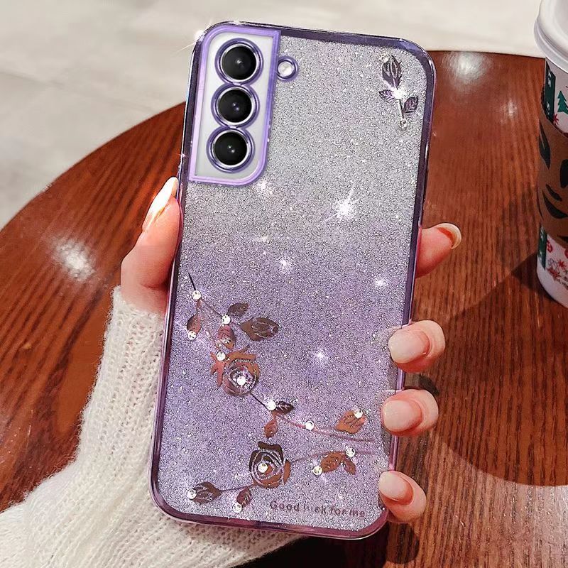 For Samsung Galaxy S21 Plus 6.7" Phone Case Flash Women's and Girls Pink Flower Transparent Shock Protection Luxury Diamond Shining Phone Case Soft TPU