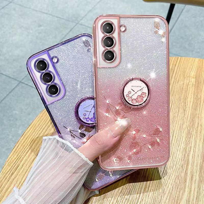 For Samsung Galaxy S21 Plus 6.7" Phone Case Flash Women's and Girls Pink Flower Transparent Shock Protection Luxury Diamond Shining Phone Case Soft TPU