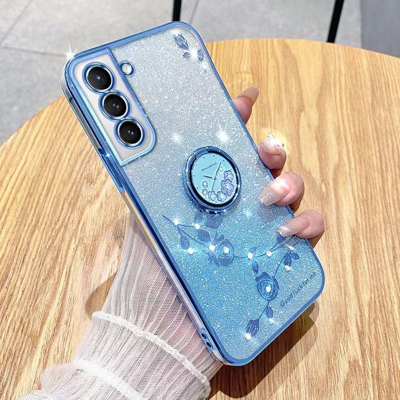 For Samsung Galaxy S21 Plus 6.7" Phone Case Flash Women's and Girls Pink Flower Transparent Shock Protection Luxury Diamond Shining Phone Case Soft TPU