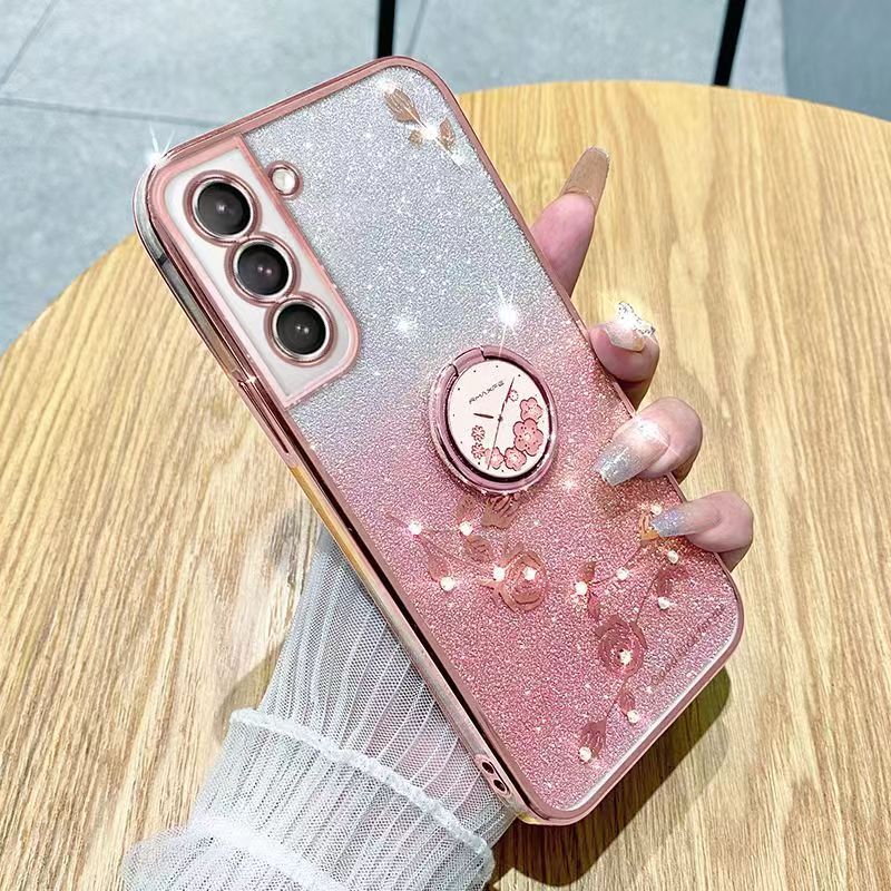 For Samsung Galaxy S21 Plus 6.7" Phone Case Flash Women's and Girls Pink Flower Transparent Shock Protection Luxury Diamond Shining Phone Case Soft TPU