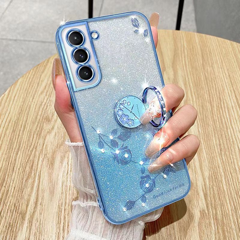 For Samsung Galaxy S21 Plus 6.7" Phone Case Flash Women's and Girls Pink Flower Transparent Shock Protection Luxury Diamond Shining Phone Case Soft TPU