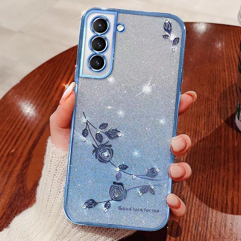 For Samsung Galaxy S21 FE 6.4" Phone Case Flash Women's and Girls Pink Flower Transparent Shock Protection Luxury Diamond Shining Phone Case Soft TPU