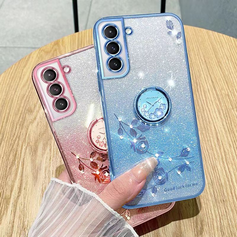 For Samsung Galaxy S21 FE 6.4" Phone Case Flash Women's and Girls Pink Flower Transparent Shock Protection Luxury Diamond Shining Phone Case Soft TPU