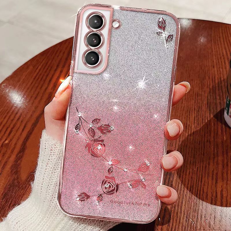 For Samsung Galaxy S21 FE 6.4" Phone Case Flash Women's and Girls Pink Flower Transparent Shock Protection Luxury Diamond Shining Phone Case Soft TPU