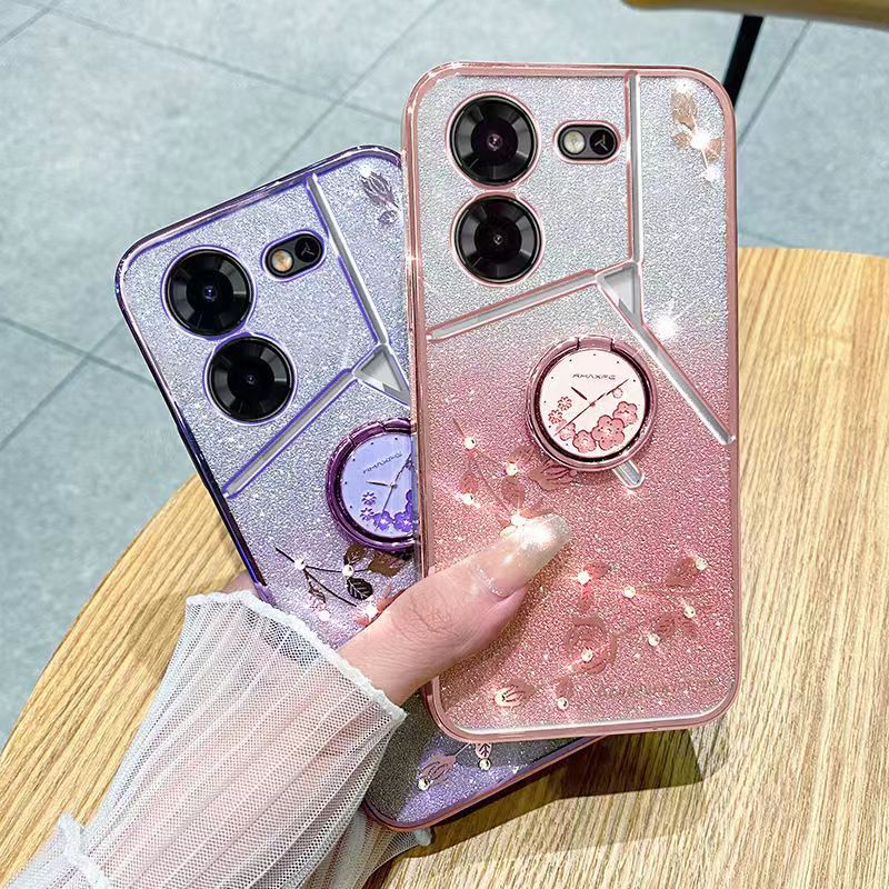 For Tecno Pova 5 6.78" 5G Phone Case Flash Women's and Girls Pink Flower Transparent Shock Protection Luxury Diamond Shining Phone Case Soft TPU