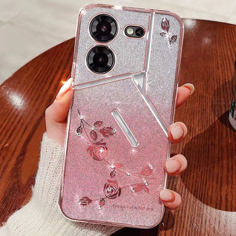 For Tecno Pova 5 6.78" 5G Phone Case Flash Women's and Girls Pink Flower Transparent Shock Protection Luxury Diamond Shining Phone Case Soft TPU