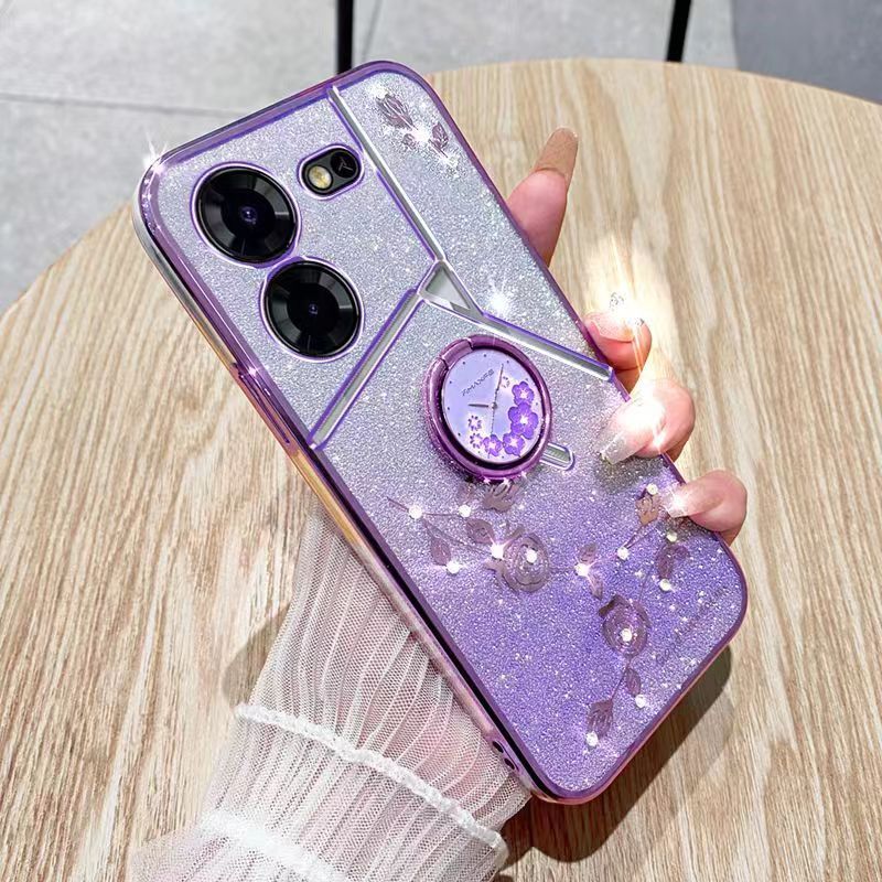 For Tecno Pova 5 6.78" 5G Phone Case Flash Women's and Girls Pink Flower Transparent Shock Protection Luxury Diamond Shining Phone Case Soft TPU