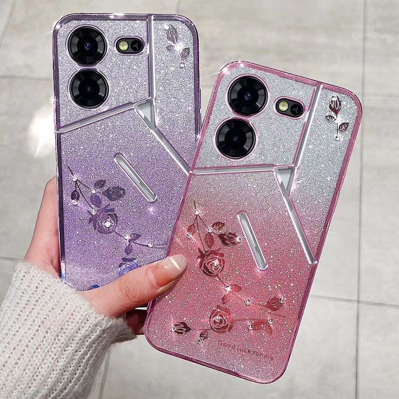 For Tecno Pova 5 6.78" 5G Phone Case Flash Women's and Girls Pink Flower Transparent Shock Protection Luxury Diamond Shining Phone Case Soft TPU