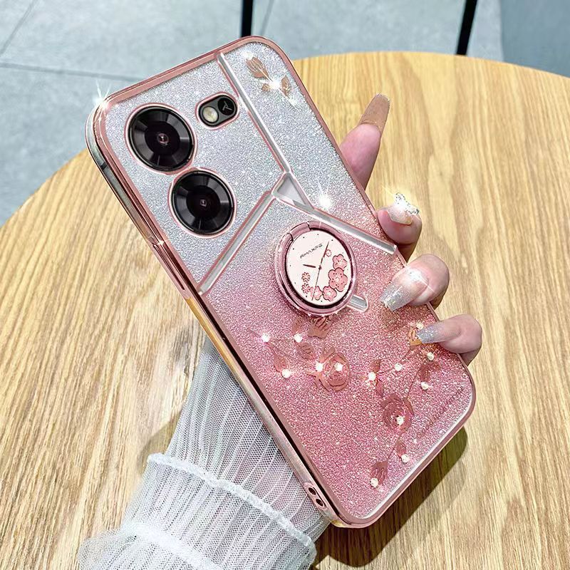 For Tecno Pova 5 6.78" 5G Phone Case Flash Women's and Girls Pink Flower Transparent Shock Protection Luxury Diamond Shining Phone Case Soft TPU