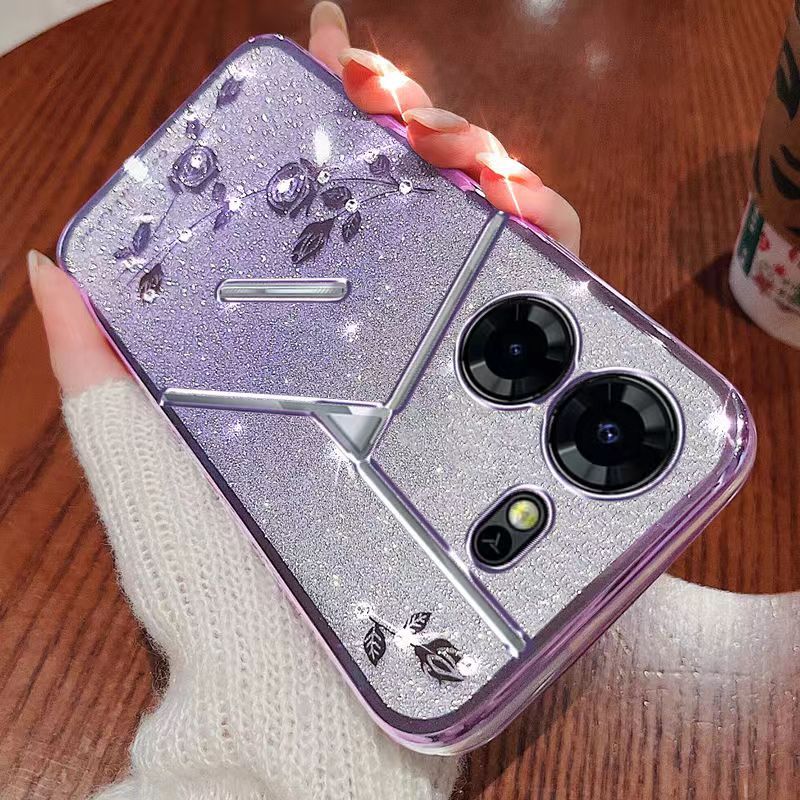 For Tecno Pova 5 6.78" 5G Phone Case Flash Women's and Girls Pink Flower Transparent Shock Protection Luxury Diamond Shining Phone Case Soft TPU