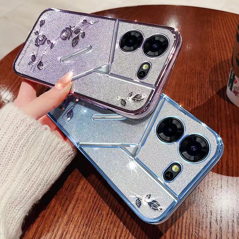 For Tecno Pova 5 6.78" 5G Phone Case Flash Women's and Girls Pink Flower Transparent Shock Protection Luxury Diamond Shining Phone Case Soft TPU