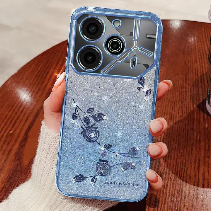 For Tecno Pova 6 Pro 6.78" 5G Phone Case Flash Women's and Girls Pink Flower Transparent Shock Protection Luxury Diamond Shining Phone Case Soft TPU