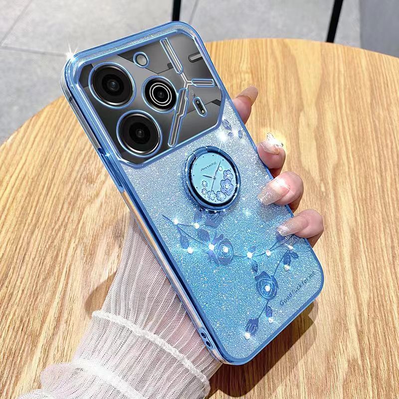 For Tecno Pova 6 Pro 6.78" 5G Phone Case Flash Women's and Girls Pink Flower Transparent Shock Protection Luxury Diamond Shining Phone Case Soft TPU