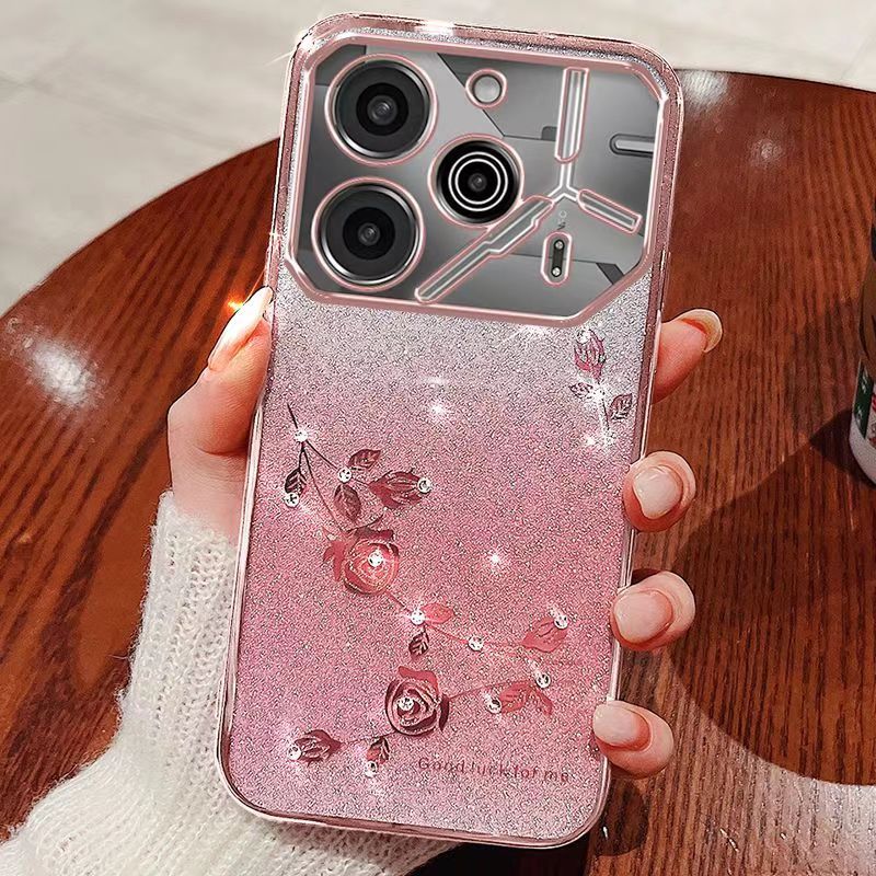 For Tecno Pova 6 Pro 6.78" 5G Phone Case Flash Women's and Girls Pink Flower Transparent Shock Protection Luxury Diamond Shining Phone Case Soft TPU