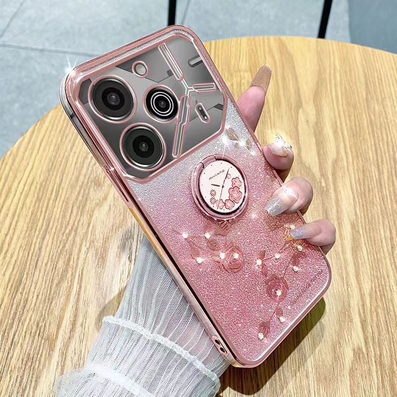 For Tecno Pova 6 Pro 6.78" 5G Phone Case Flash Women's and Girls Pink Flower Transparent Shock Protection Luxury Diamond Shining Phone Case Soft TPU