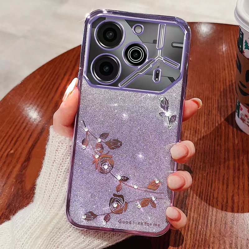 For Tecno Pova 6 Pro 6.78" 5G Phone Case Flash Women's and Girls Pink Flower Transparent Shock Protection Luxury Diamond Shining Phone Case Soft TPU