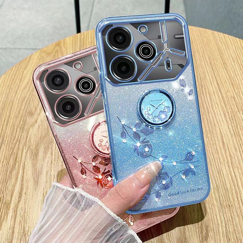 For Tecno Pova 6 Pro 6.78" 5G Phone Case Flash Women's and Girls Pink Flower Transparent Shock Protection Luxury Diamond Shining Phone Case Soft TPU