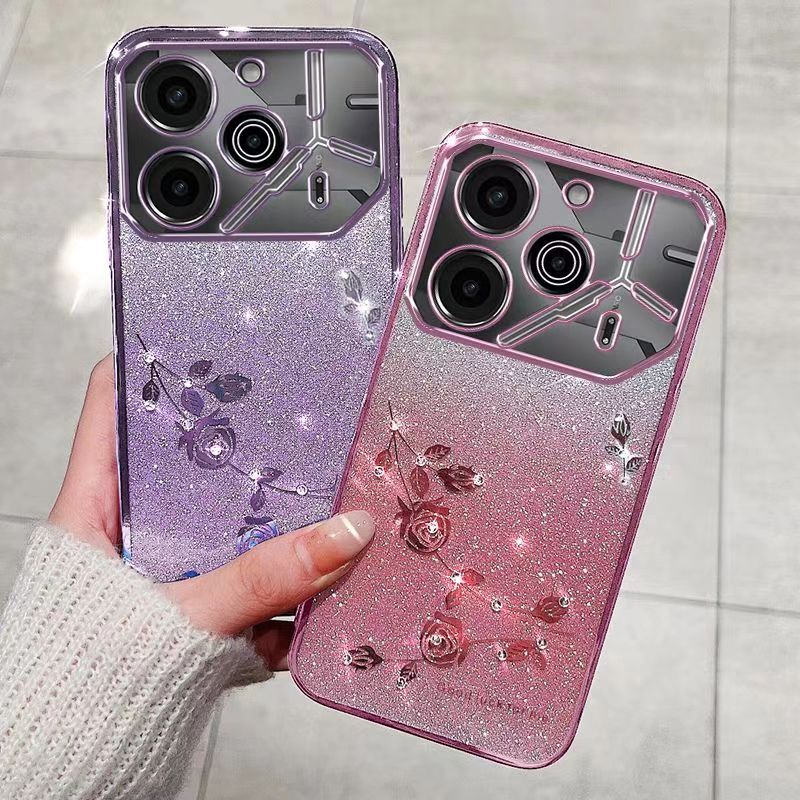 For Tecno Pova 6 Pro 6.78" 5G Phone Case Flash Women's and Girls Pink Flower Transparent Shock Protection Luxury Diamond Shining Phone Case Soft TPU