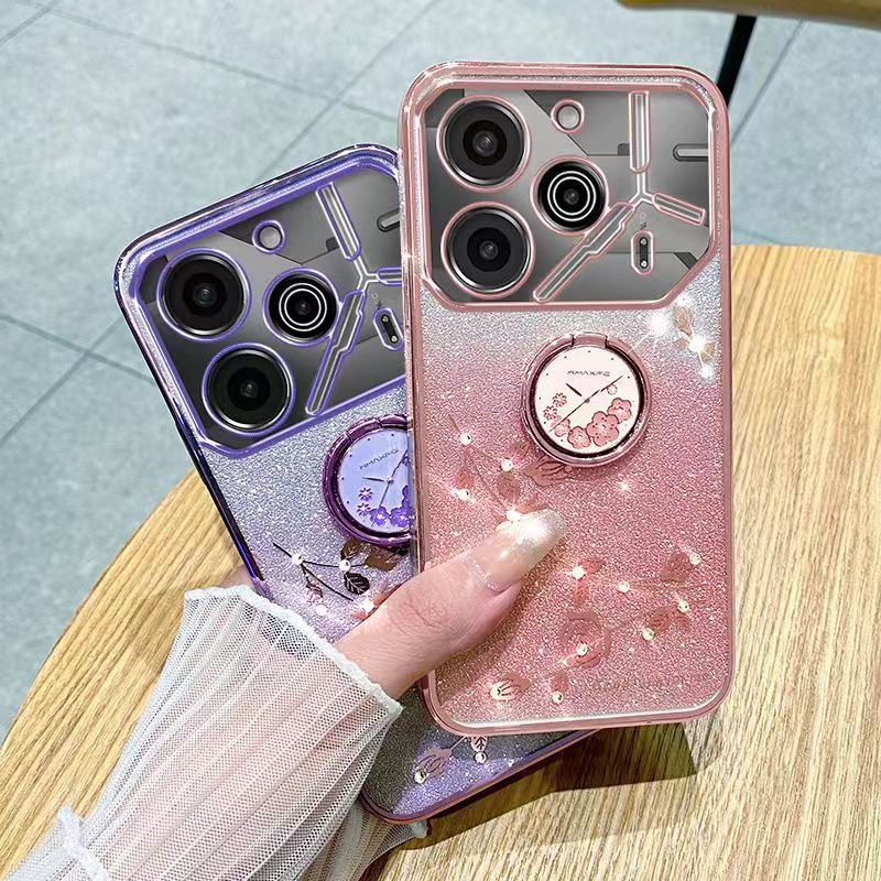 For Tecno Pova 6 Pro 6.78" 5G Phone Case Flash Women's and Girls Pink Flower Transparent Shock Protection Luxury Diamond Shining Phone Case Soft TPU
