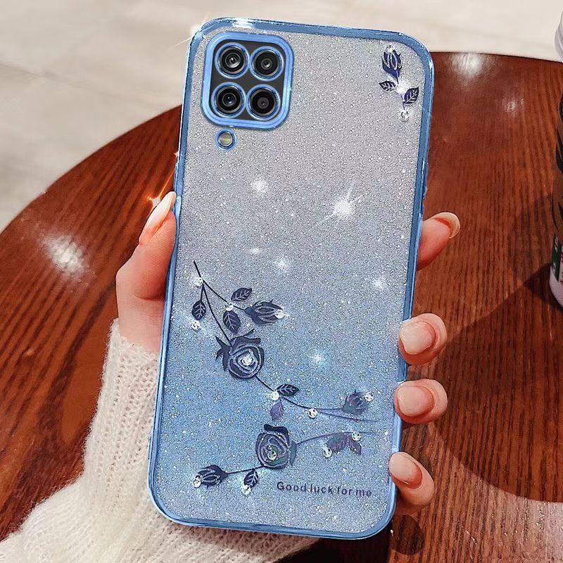 For Samsung Galaxy A12 Phone Case Flash Women's and Girls Pink Flower Transparent Shock Protection Luxury Diamond Shining Phone Case Soft TPU
