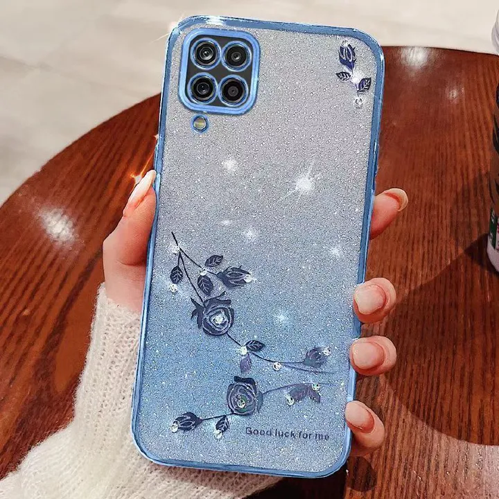 For Samsung Galaxy A12 Phone Case Flash Women's and Girls Pink Flower Transparent Shock Protection Luxury Diamond Shining Phone Case Soft TPU