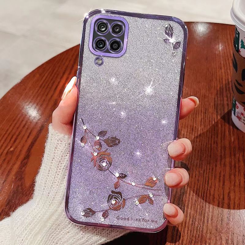 For Samsung Galaxy A12 Phone Case Flash Women's and Girls Pink Flower Transparent Shock Protection Luxury Diamond Shining Phone Case Soft TPU