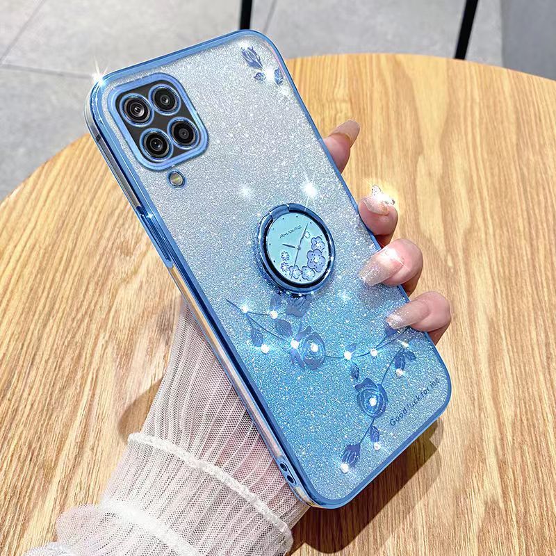 For Samsung Galaxy A12 Phone Case Flash Women's and Girls Pink Flower Transparent Shock Protection Luxury Diamond Shining Phone Case Soft TPU