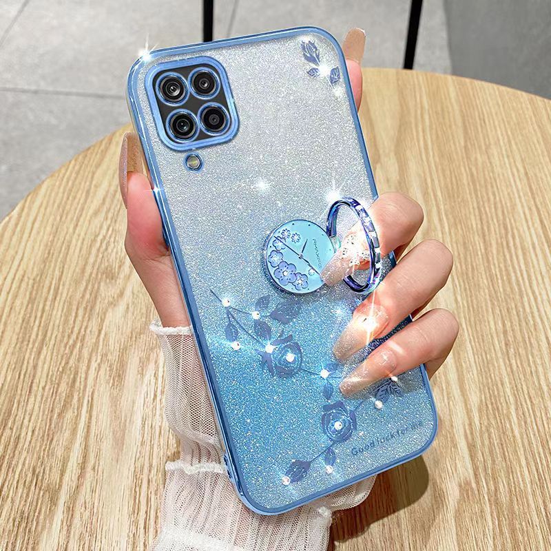 For Samsung Galaxy A12 Phone Case Flash Women's and Girls Pink Flower Transparent Shock Protection Luxury Diamond Shining Phone Case Soft TPU