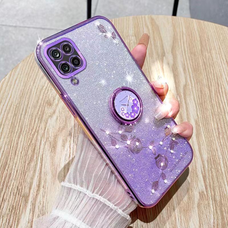 For Samsung Galaxy A12 Phone Case Flash Women's and Girls Pink Flower Transparent Shock Protection Luxury Diamond Shining Phone Case Soft TPU