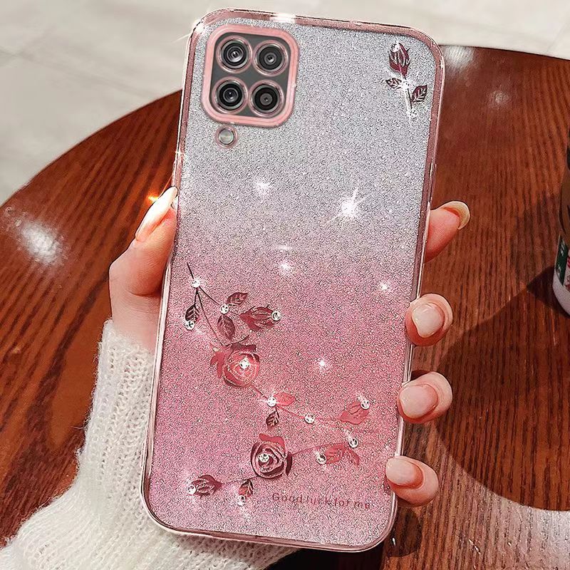 For Samsung Galaxy A12 Phone Case Flash Women's and Girls Pink Flower Transparent Shock Protection Luxury Diamond Shining Phone Case Soft TPU