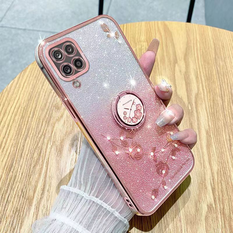 For Samsung Galaxy A12 Phone Case Flash Women's and Girls Pink Flower Transparent Shock Protection Luxury Diamond Shining Phone Case Soft TPU