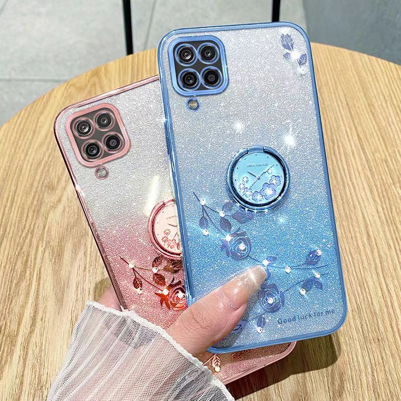 For Samsung Galaxy A12 Phone Case Flash Women's and Girls Pink Flower Transparent Shock Protection Luxury Diamond Shining Phone Case Soft TPU