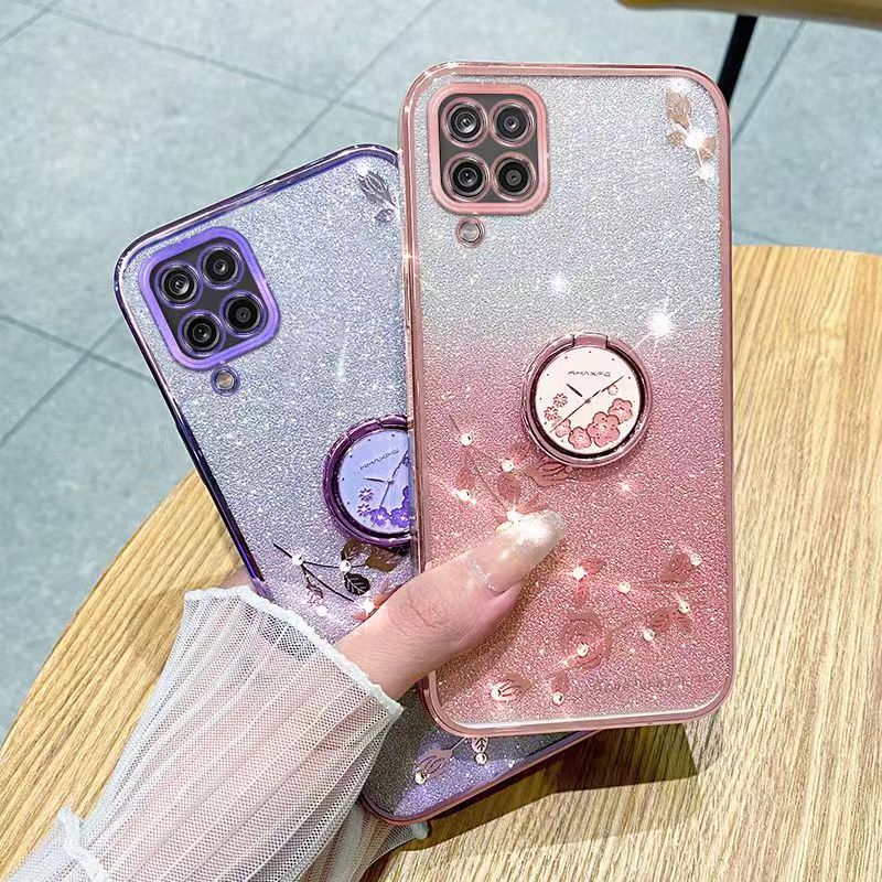 For Samsung Galaxy A12 Phone Case Flash Women's and Girls Pink Flower Transparent Shock Protection Luxury Diamond Shining Phone Case Soft TPU