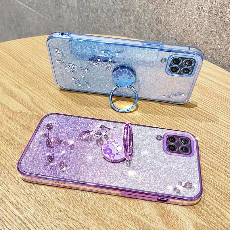 For Samsung Galaxy A12 Phone Case Flash Women's and Girls Pink Flower Transparent Shock Protection Luxury Diamond Shining Phone Case Soft TPU