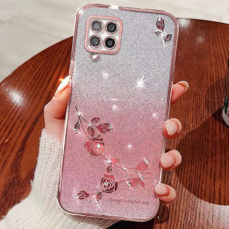 For Samsung Galaxy A42 5G Phone Case Flash Women's and Girls Pink Flower Transparent Shock Protection Luxury Diamond Shining Phone Case Soft TPU