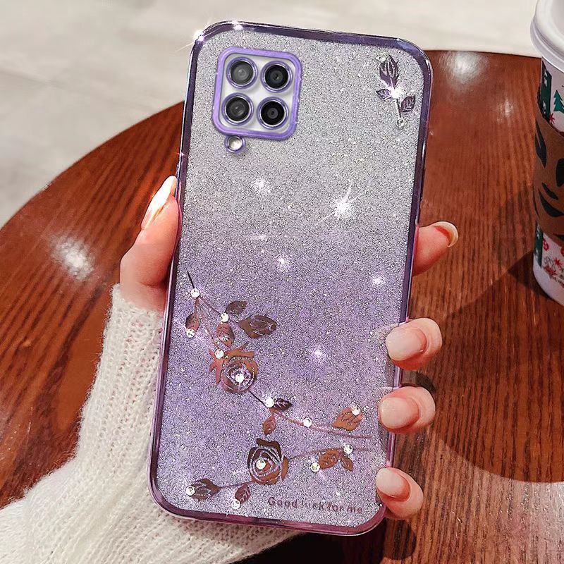 For Samsung Galaxy A42 5G Phone Case Flash Women's and Girls Pink Flower Transparent Shock Protection Luxury Diamond Shining Phone Case Soft TPU