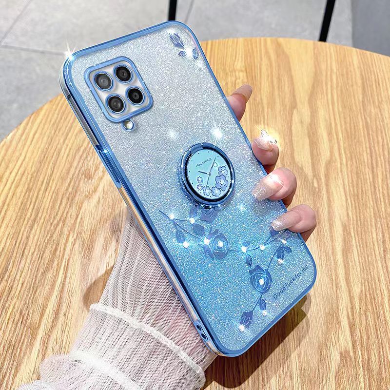 For Samsung Galaxy A42 5G Phone Case Flash Women's and Girls Pink Flower Transparent Shock Protection Luxury Diamond Shining Phone Case Soft TPU