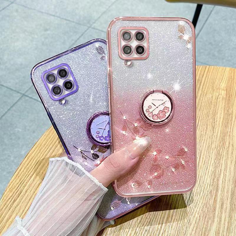For Samsung Galaxy A42 5G Phone Case Flash Women's and Girls Pink Flower Transparent Shock Protection Luxury Diamond Shining Phone Case Soft TPU
